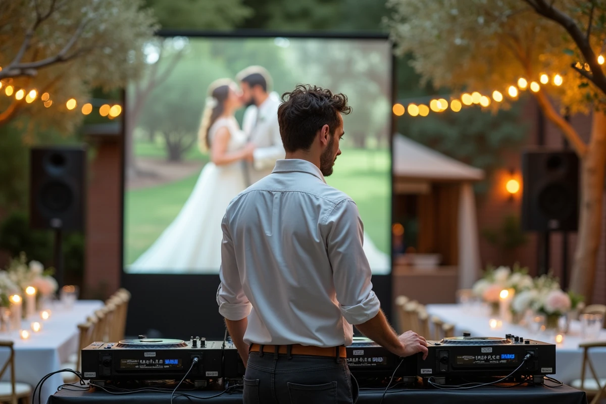 DJ de mariage gérant la musique et le diaporama en plein air lors d'une réception de mariage dans un jardin