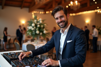 DJ homme en costume ajusté lors d'un mariage élégant