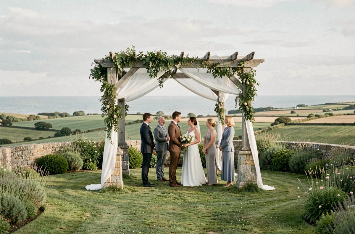 Espace cérémonie extérieur au Domaine Le Mézo avec une pergola en pierre décorée de tissu blanc et de verdure, surplombant le paysage breton