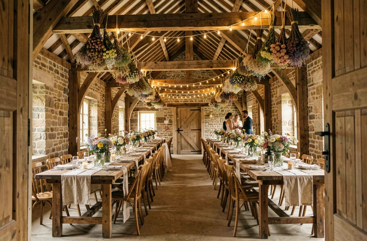 Intérieur d'une grange en pierre décorée pour un mariage au Domaine Le Puits de Jeanne, avec des guirlandes lumineuses, des fleurs séchées et des tables en bois brut