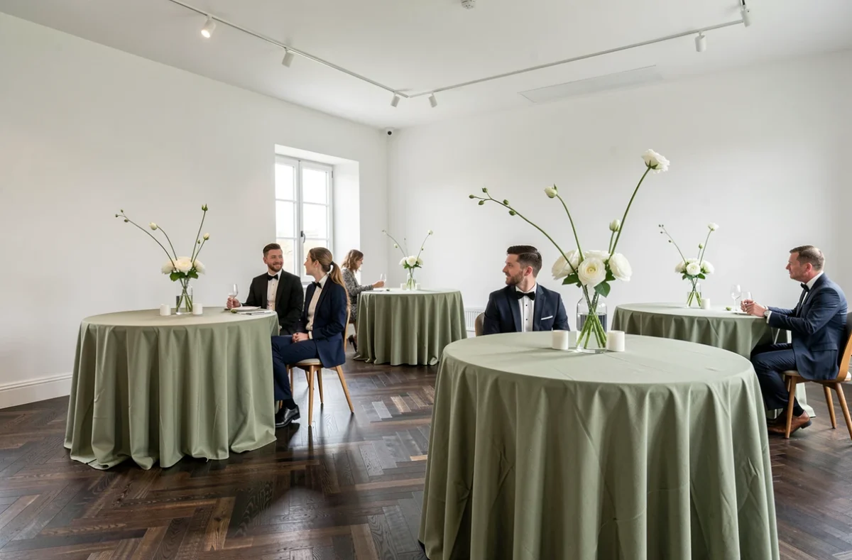 Salle de réception contemporaine du Domaine du Stanley décorée de tables rondes en lin vert sauge avec des vases en verre et des fleurs blanches épurées