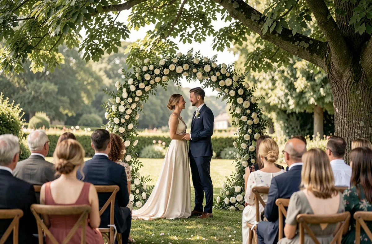 Cérémonie de mariage en plein air au Domaine Un Jour Parfait, avec un couple sous une arche de fleurs blanches sur une pelouse verdoyante en Bretagne