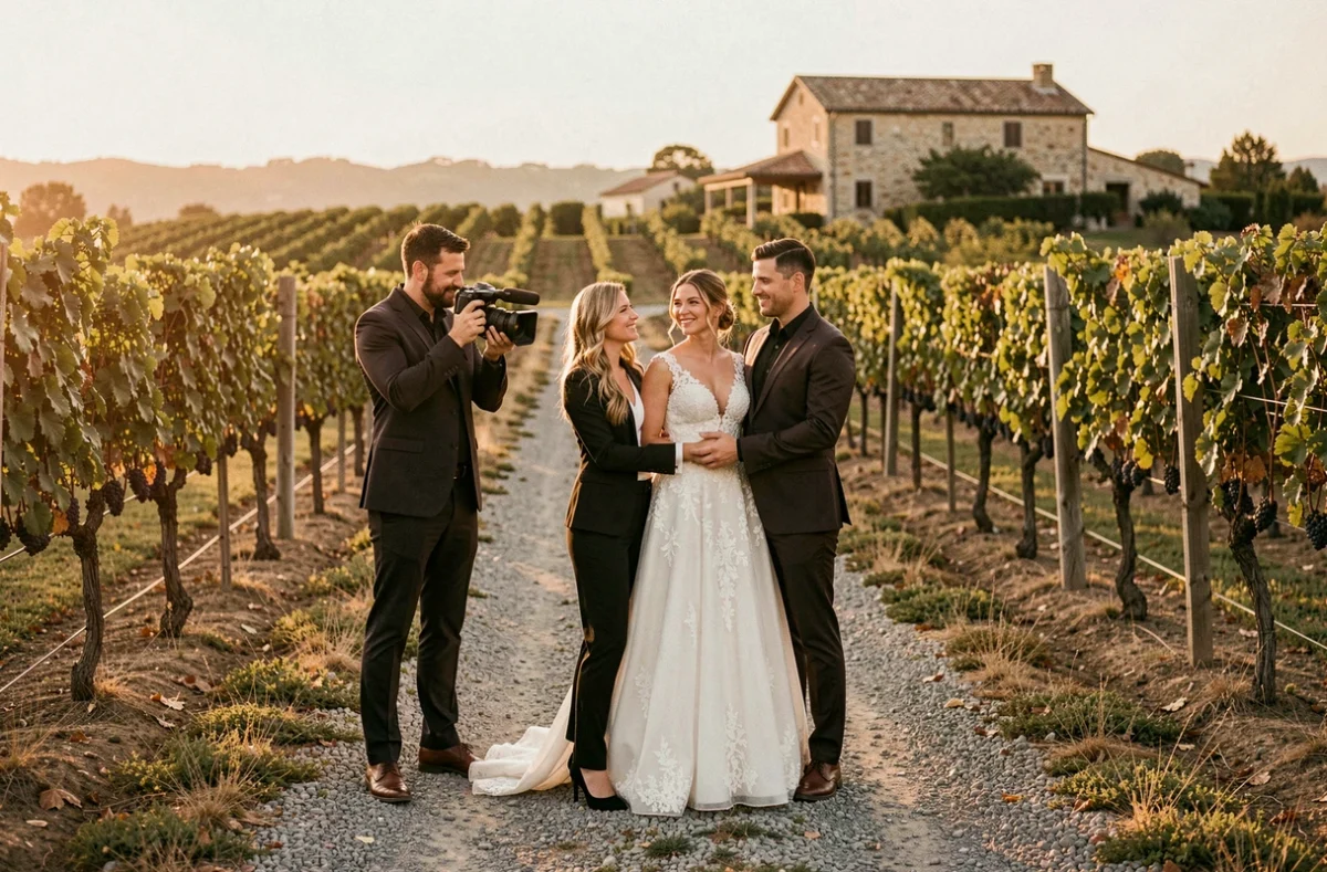 Équipe de photographe et vidéaste de mariage travaillant ensemble lors d'un shooting en couple dans un vignoble