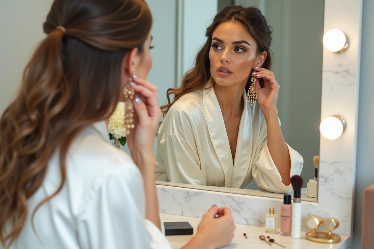 Femme essayant une boucle d'oreille dorée chandelier devant un miroir de coiffeuse avec maquillage smoky