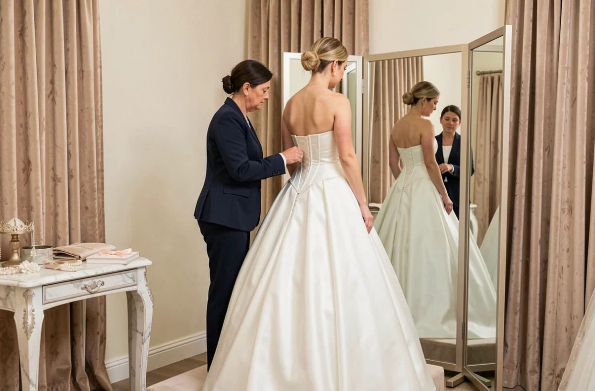 Essayage d'une robe de mariée neuve dans un atelier de couture nuptiale élégant