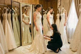 Mariée essayant une robe de mariée en boutique avec une consultante qui ajuste l'ourlet devant un grand miroir