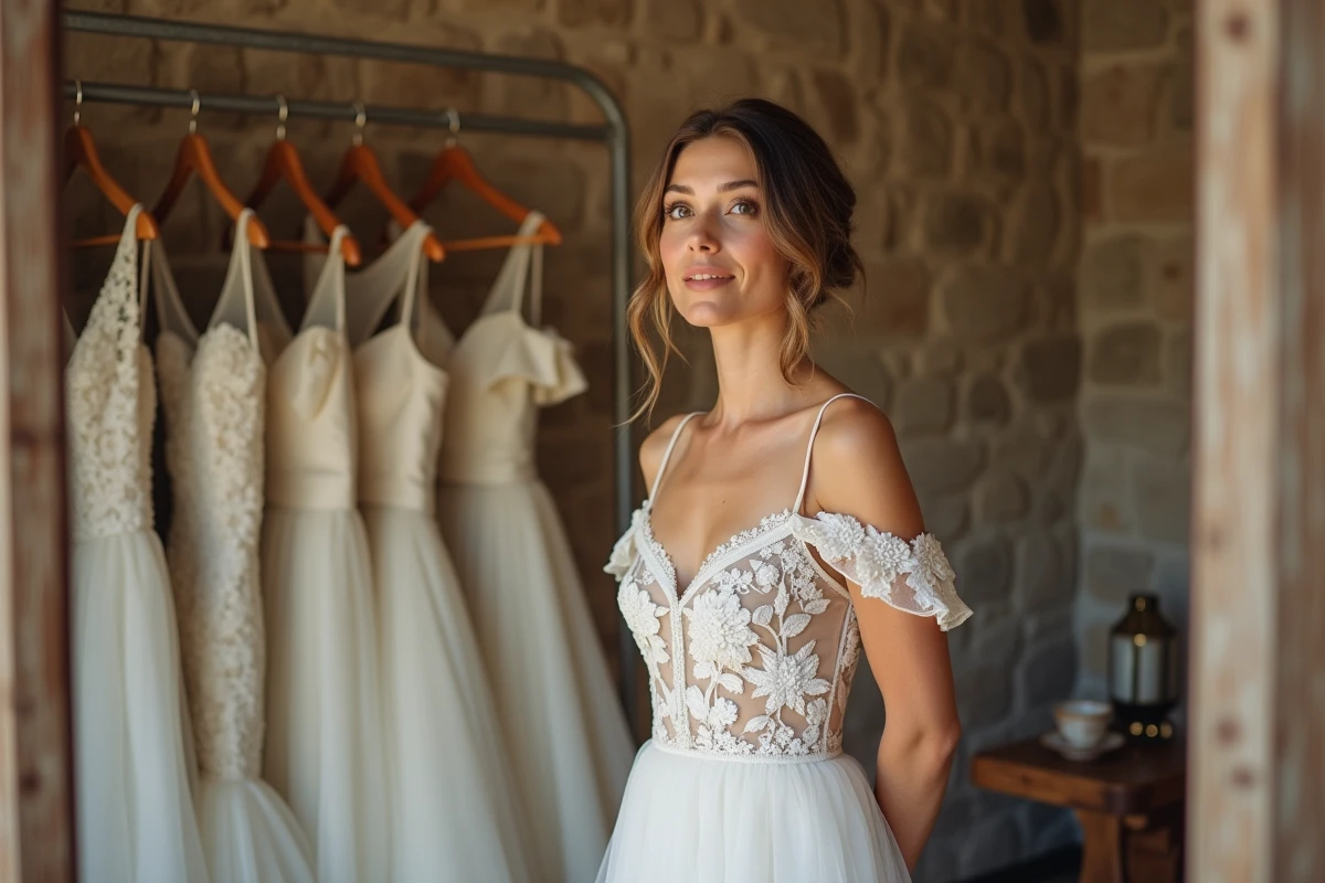 Femme essayant une robe de mariée champêtre abordable avec broderies florales dans une boutique de mariage vintage