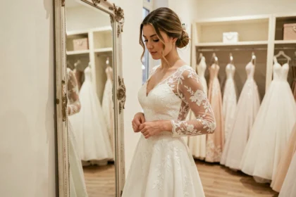 Mariée essayant une robe de mariée en dentelle à manches longues dans une boutique élégante, examinant la coupe devant un miroir ancien