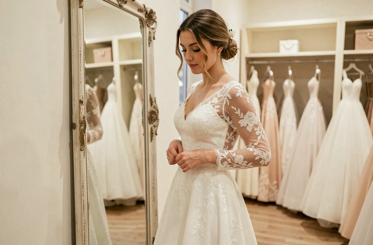 Mariée essayant une robe de mariée en dentelle à manches longues dans une boutique élégante, examinant la coupe devant un miroir ancien