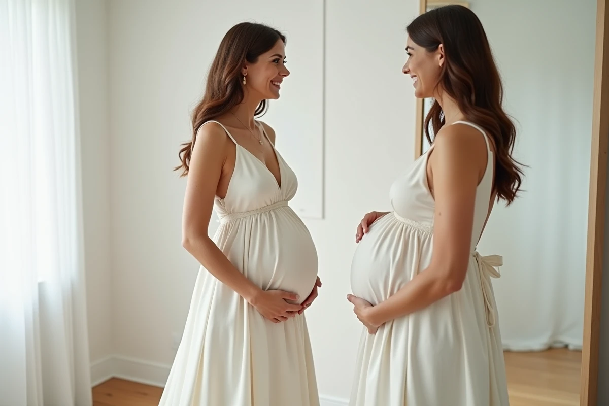 Future mariée enceinte en robe de mariée satin économique se regardant dans un grand miroir dans une cabine d'essayage minimaliste