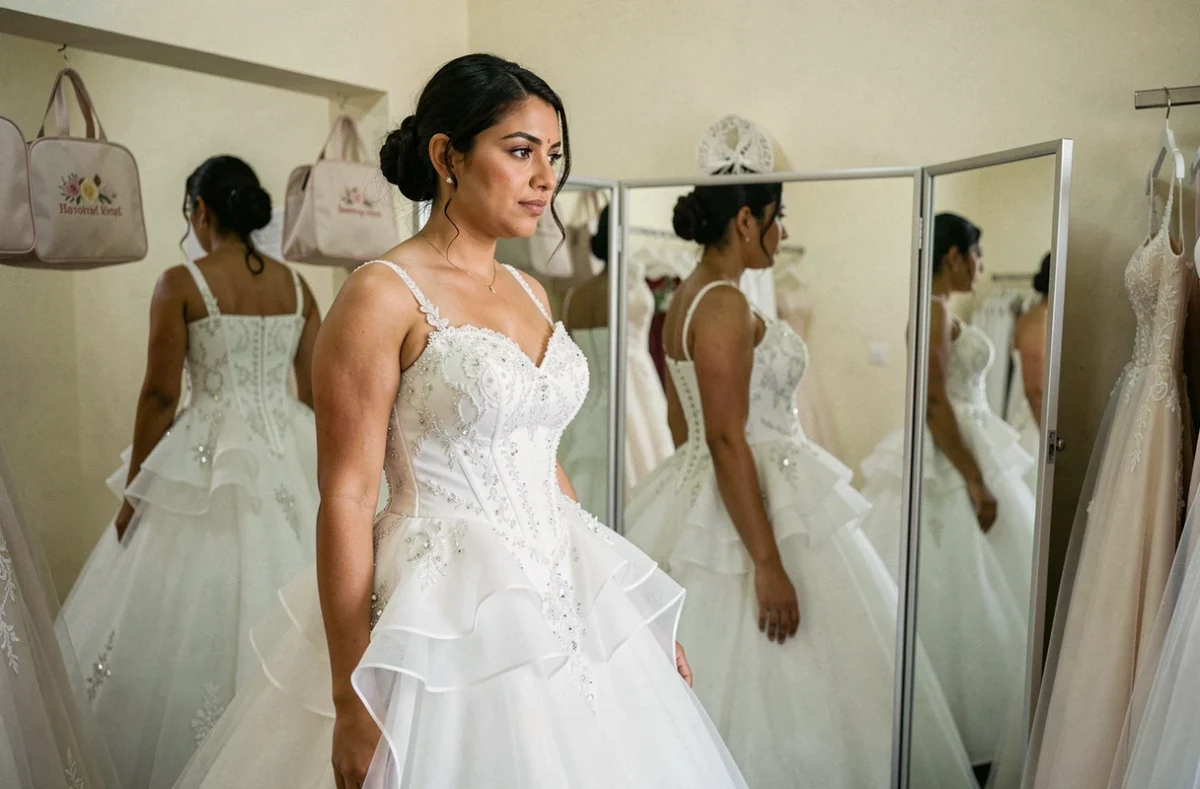 Femme essayant une robe de mariée gitane ornée de cristaux dans une boutique de mariage abordable avec miroir triple