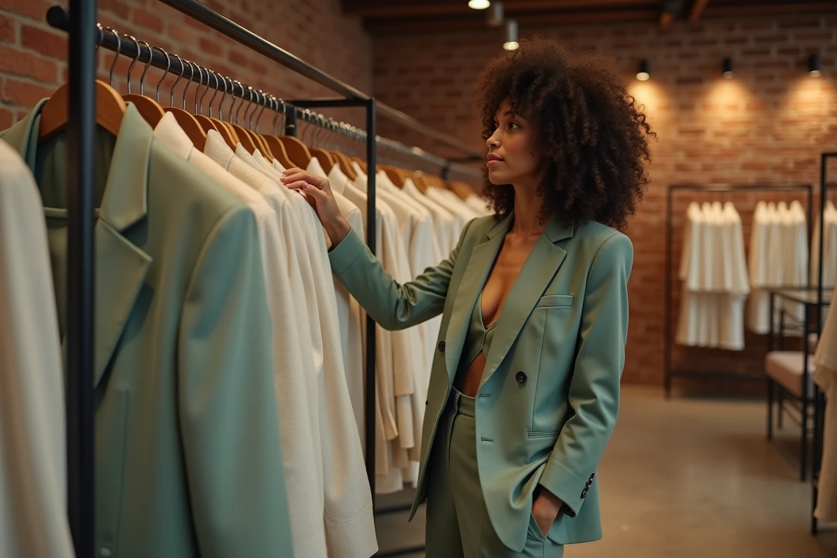 Femme aux cheveux bouclés essayant un costume blazer vert sauge dans une boutique de tenues de mariage alternatives