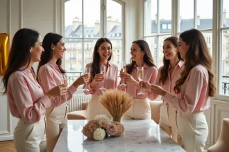 Groupe de femmes élégantes portant un toast lors d'un enterrement de vie de jeune fille chic dans un appartement parisien décoré de fleurs séchées et de ballons dorés