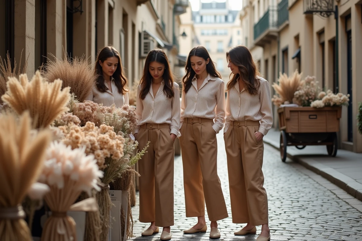 Groupe d'amies élégamment habillées explorant un marché aux fleurs parisien en plein air pour un enterrement de vie de jeune fille raffiné