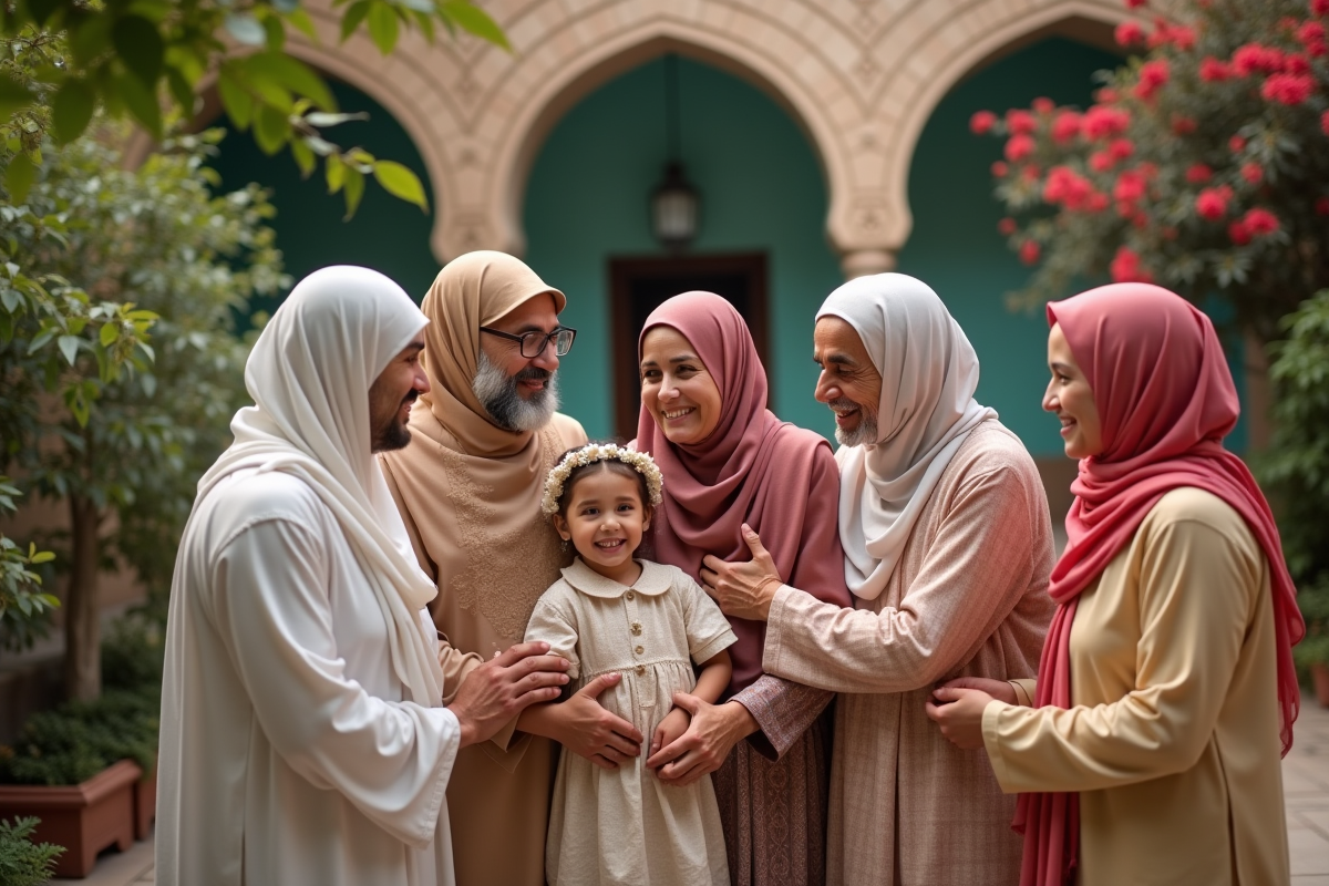 Famille musulmane réunie dans un jardin festif