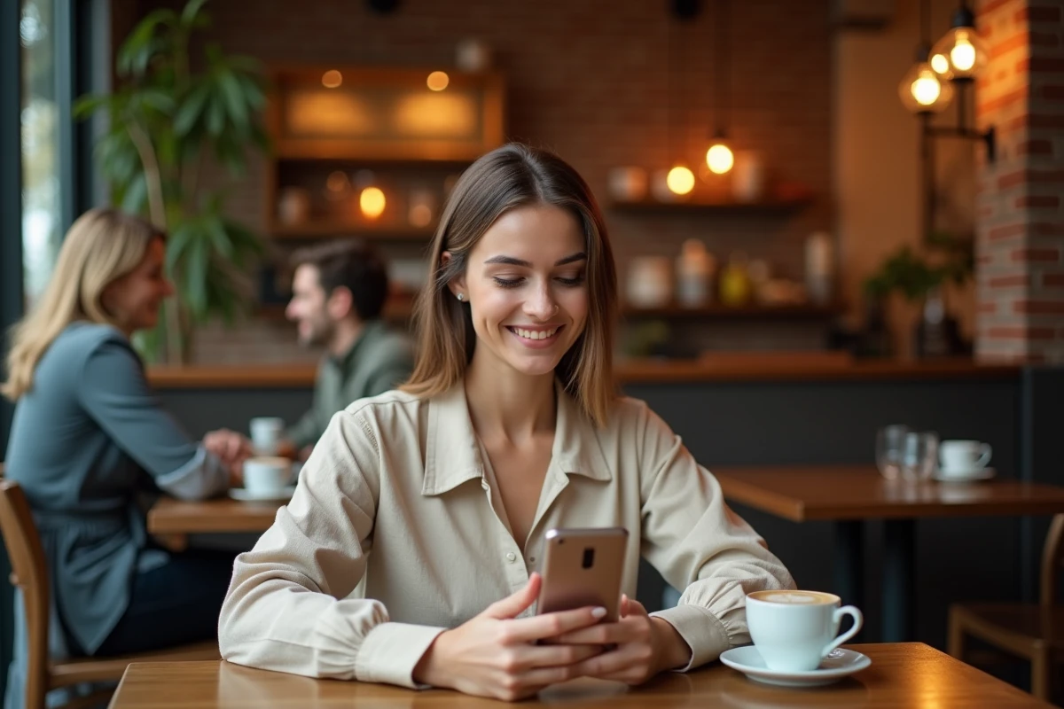 Jeune femme consultant l'application Bumble Date sur son smartphone dans un café pour trouver un match sérieux