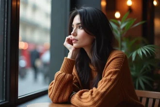 Femme assise dans un café parisien regardant par la fenêtre