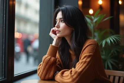 Femme assise dans un café parisien regardant par la fenêtre