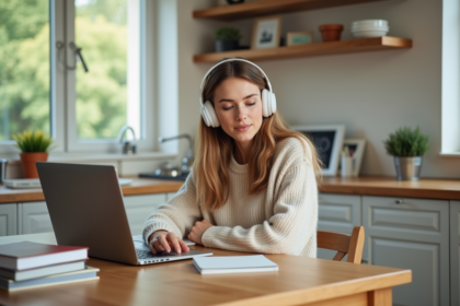 Femme en sweater beige écoute de la musique dans la cuisine