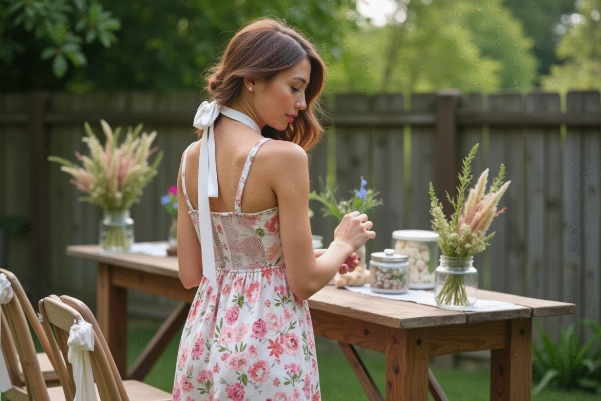 Femme en robe fleurie préparant un mariage en extérieur