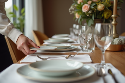 Femme élégante arrangeant la table pour un dîner formel