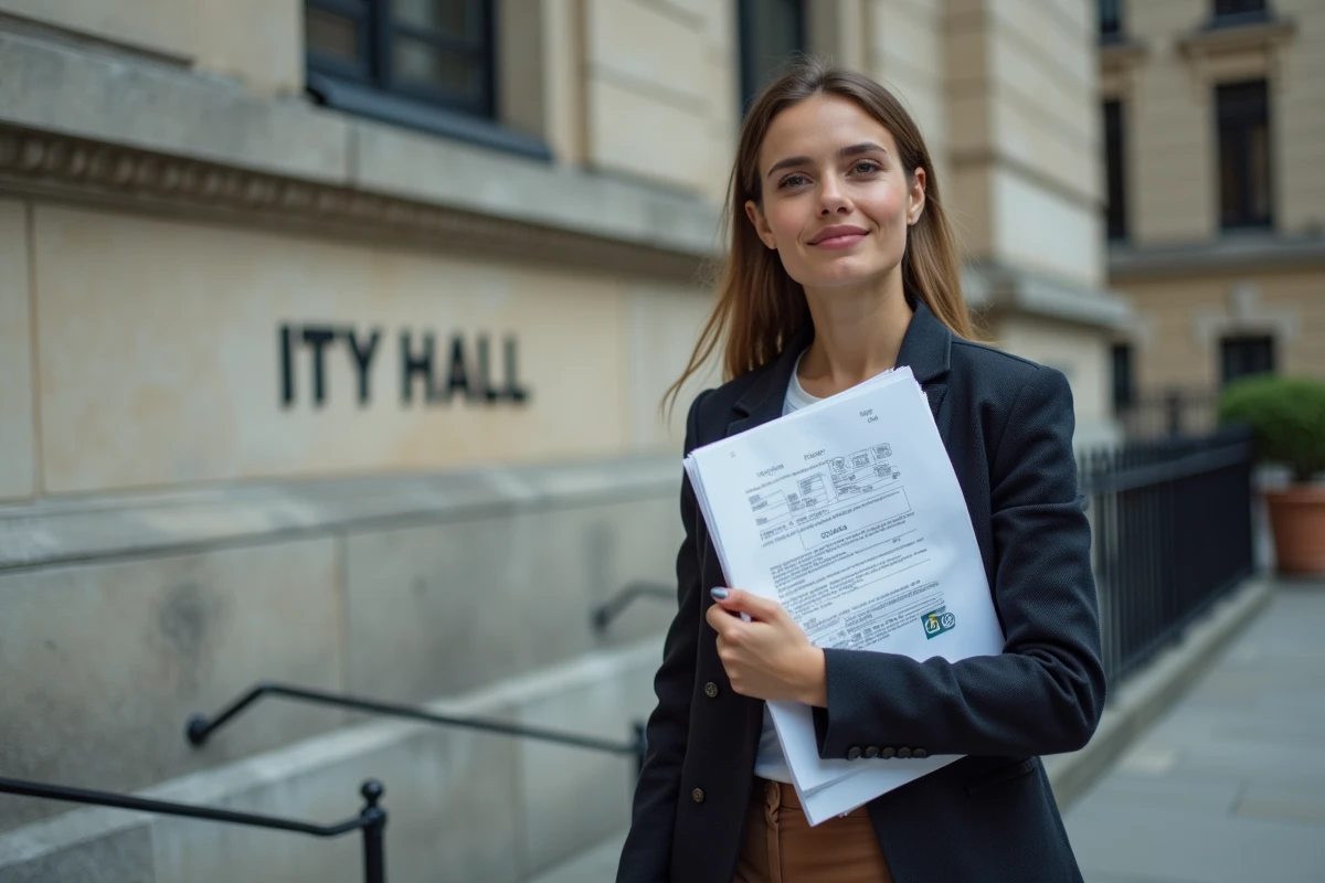 Femme avec documents officiels devant mairie urbaine