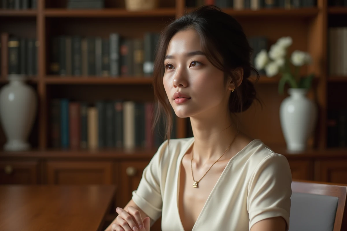 Jeune femme en robe crème dans un intérieur élégant