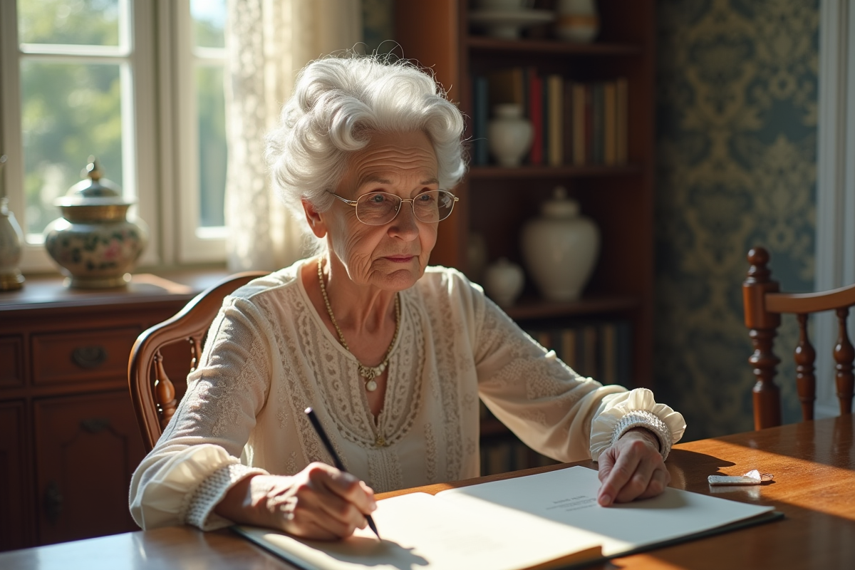 Femme âgée écrivant une note sur une invitation de mariage