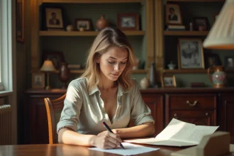 Femme élégante lisant des lettres dans un appartement parisien