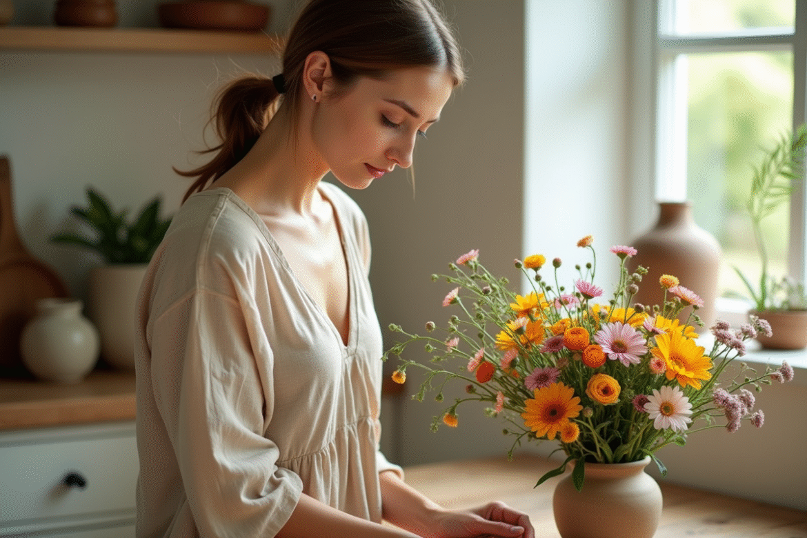 Femme arrangeant un bouquet de fleurs dans une cuisine lumineuse