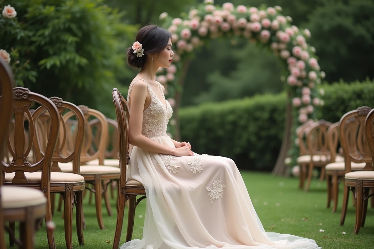Jeune femme en robe chiffon dans un jardin de mariage
