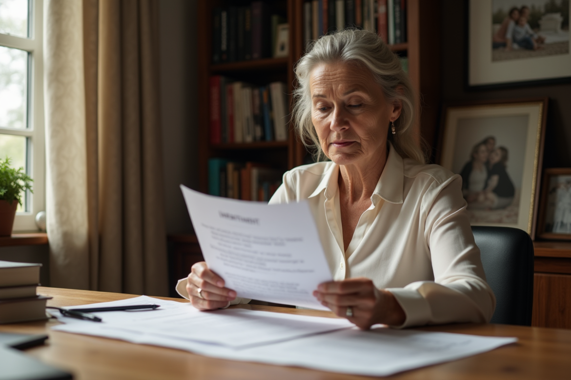Femme d'âge moyen examinant des documents d'héritage dans un bureau cosy