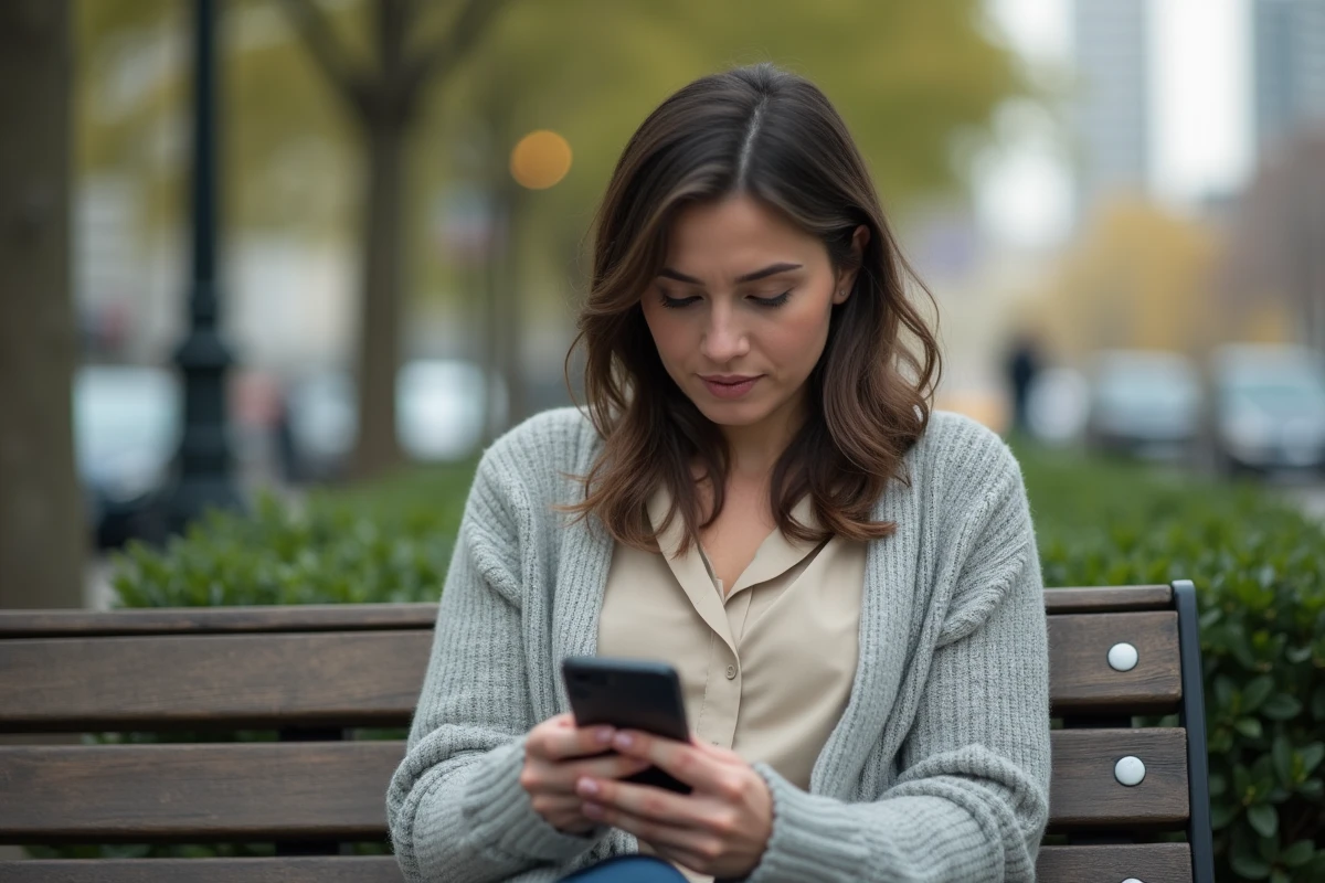 Femme lisant un message sur son smartphone dans un parc urbain
