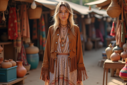 Jeune femme en robe ethnique dans un marché coloré