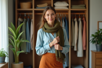 Femme élégante choisissant des hauts dans son dressing organisé