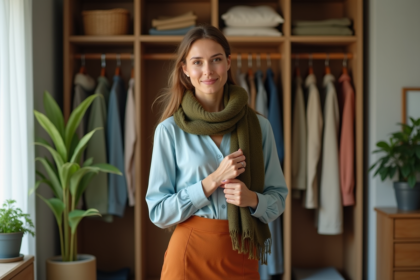 Femme élégante choisissant des hauts dans son dressing organisé
