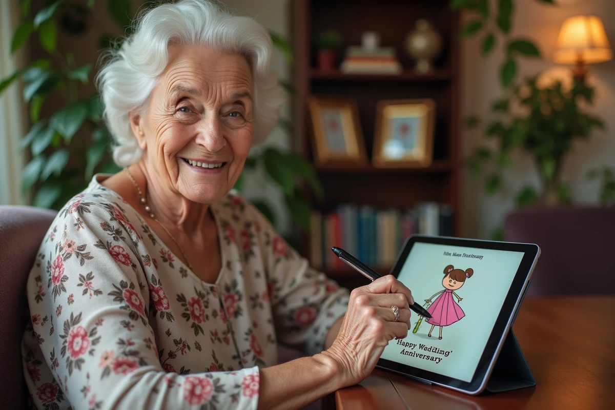 Femme âgée créant un meme anniversaire sur tablette