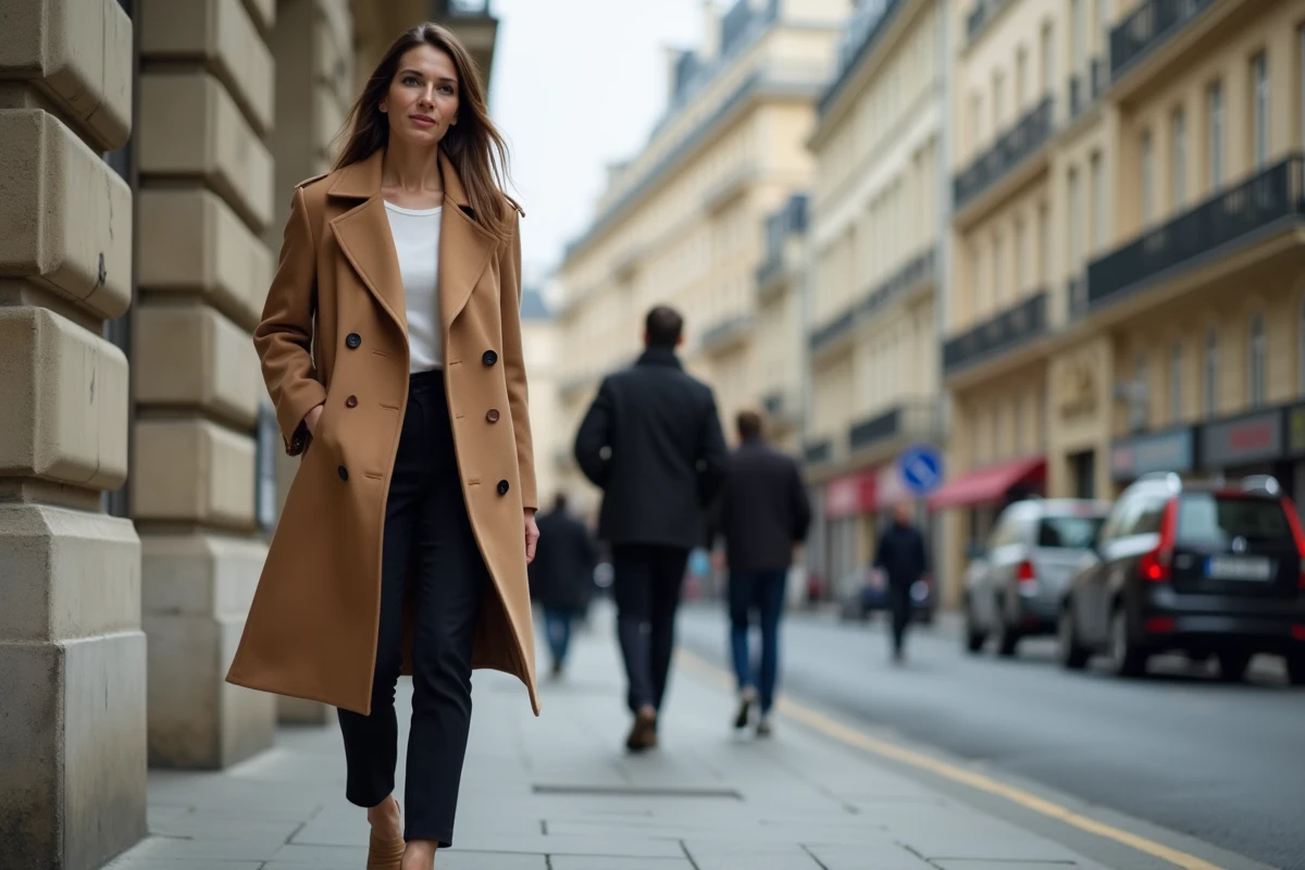 Femme professionnelle marchant dans une rue parisienne, style éditorial carrière et personnalité publique