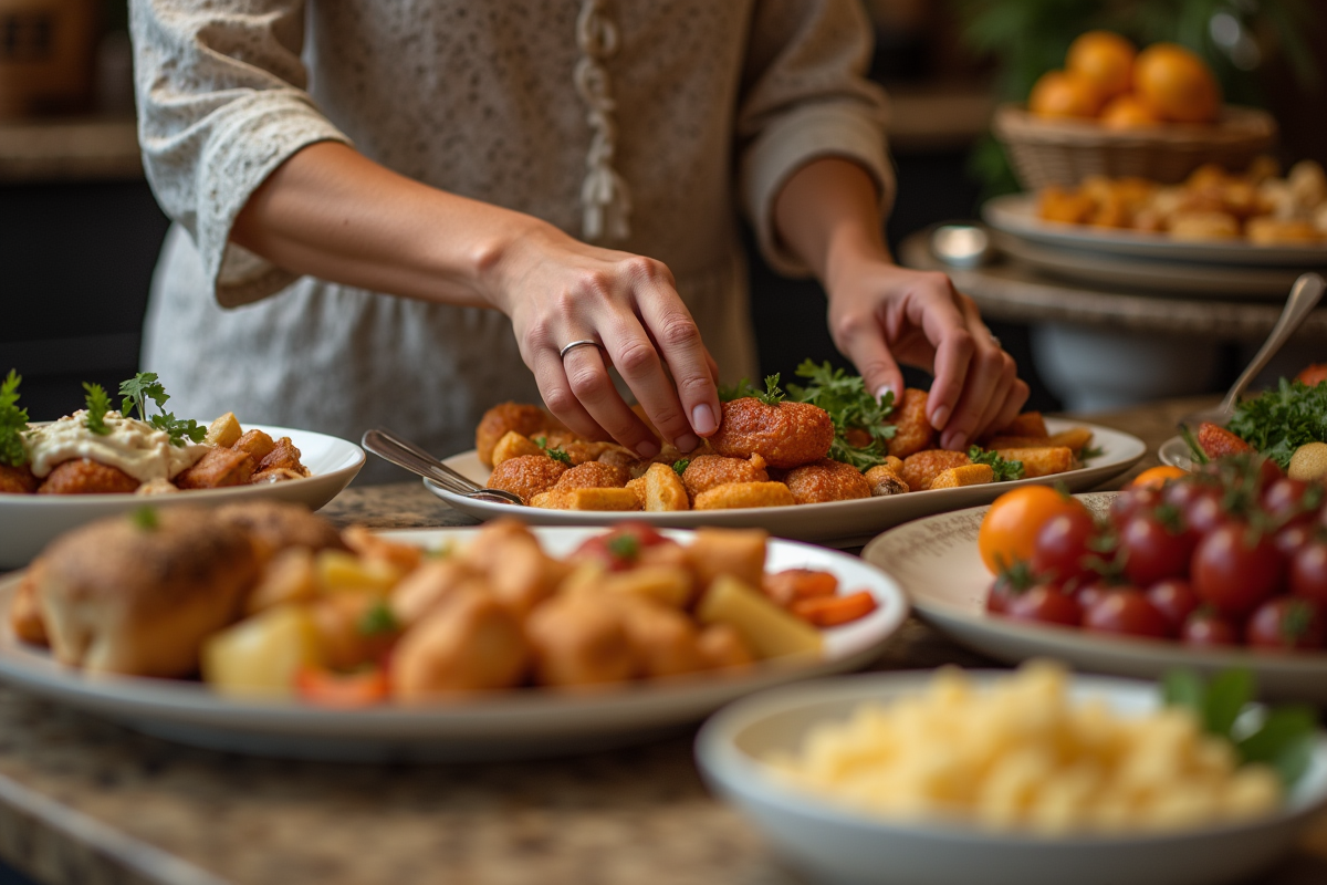 Femme choisissant des plats froids dans un buffet élégant