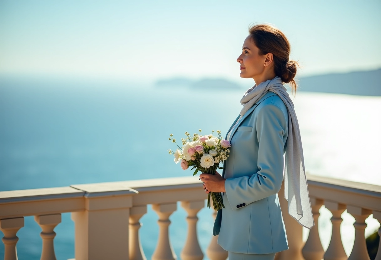 Femme élégante regardant la mer depuis une terrasse ensoleillée
