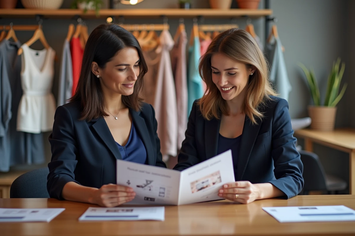 Deux femmes discutent de brochures photobooth lors d'un événement