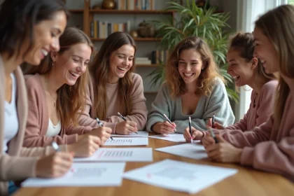 Groupe de femmes riant en préparant des jeux EVJF à la maison