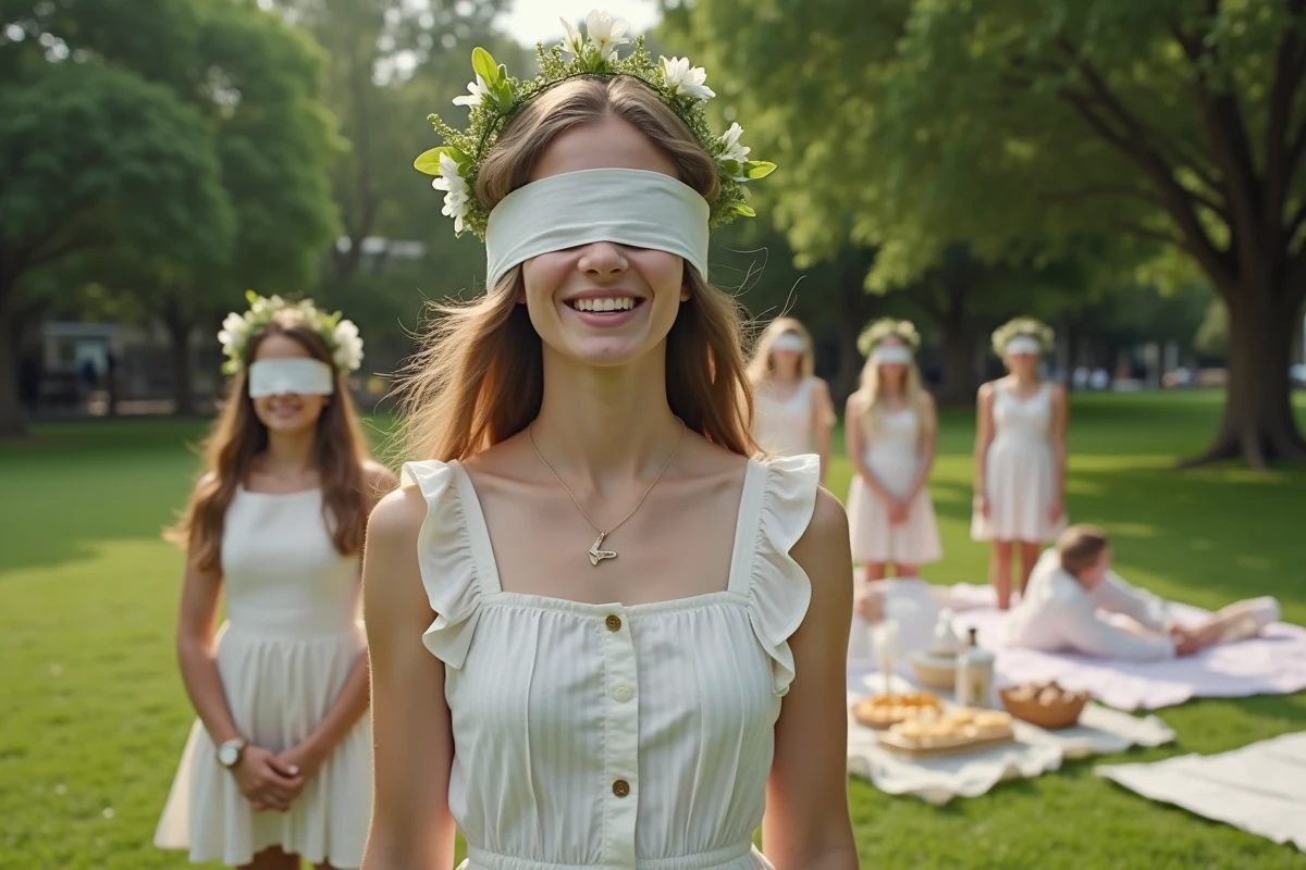 Jeune femme avec couronne de fleurs souriante dans un parc en plein air