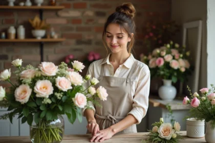 Jeune fleuriste arrangeant un bouquet de roses pastel