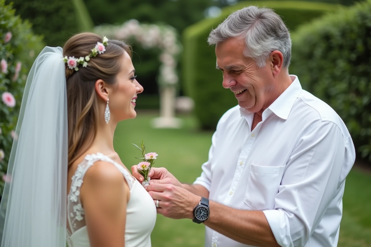 Fleuriste homme pinçant un corsage pour la mariée en extérieur