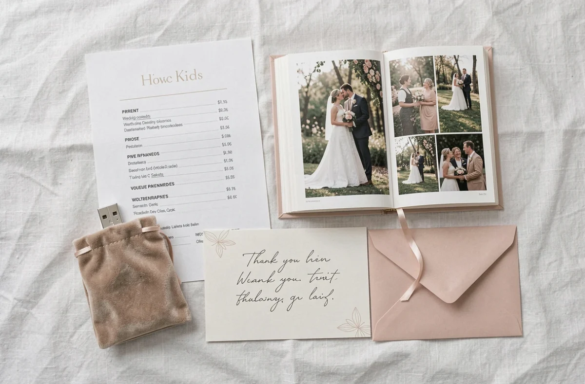 Flat lay des éléments inclus dans un forfait photographe de mariage : liste de tarifs, album photo, clé USB et carte personnalisée