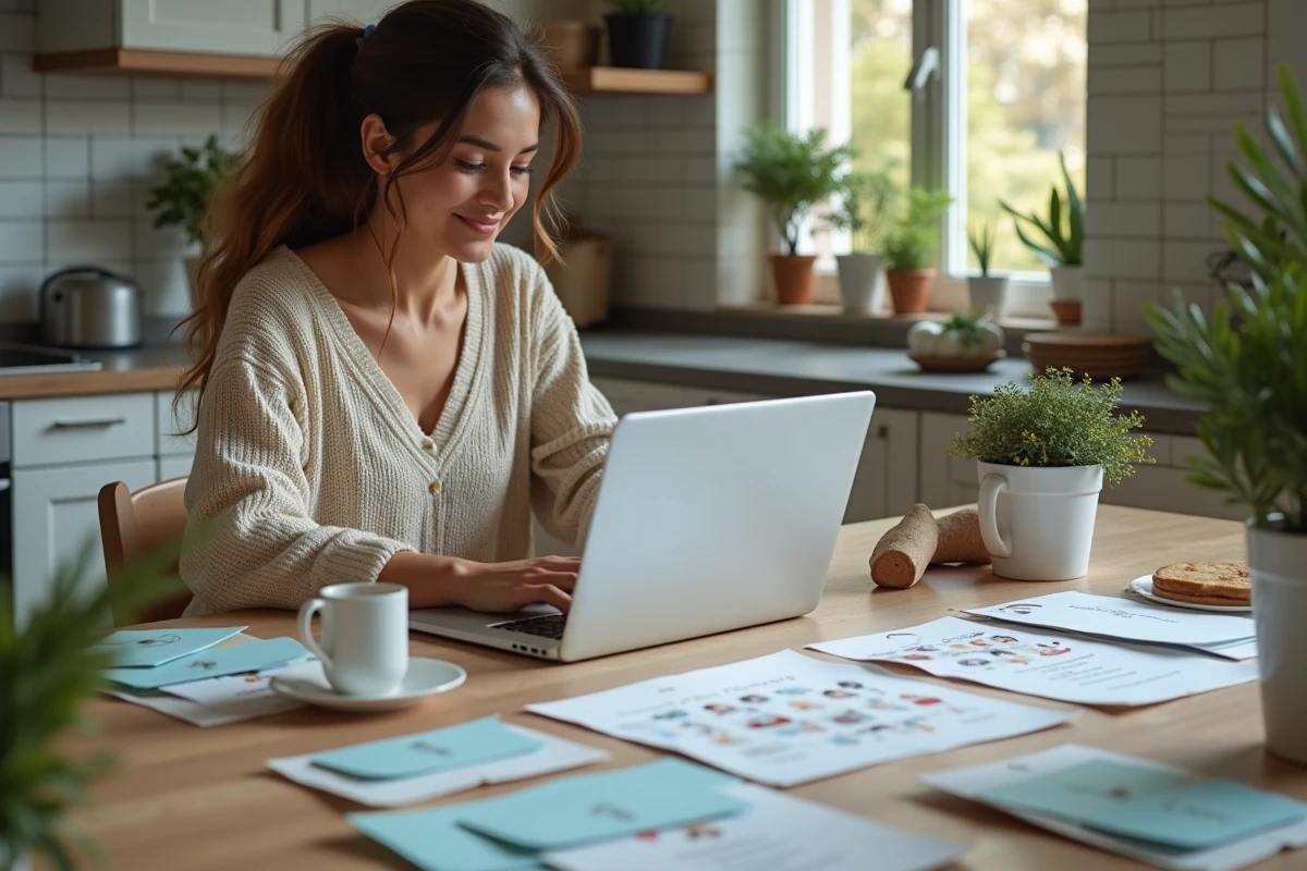 Jeune femme en EVJF en visioconference dans une cuisine moderne
