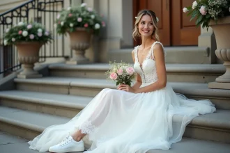 Baskets blanches élégantes portées lors d'un mariage moderne