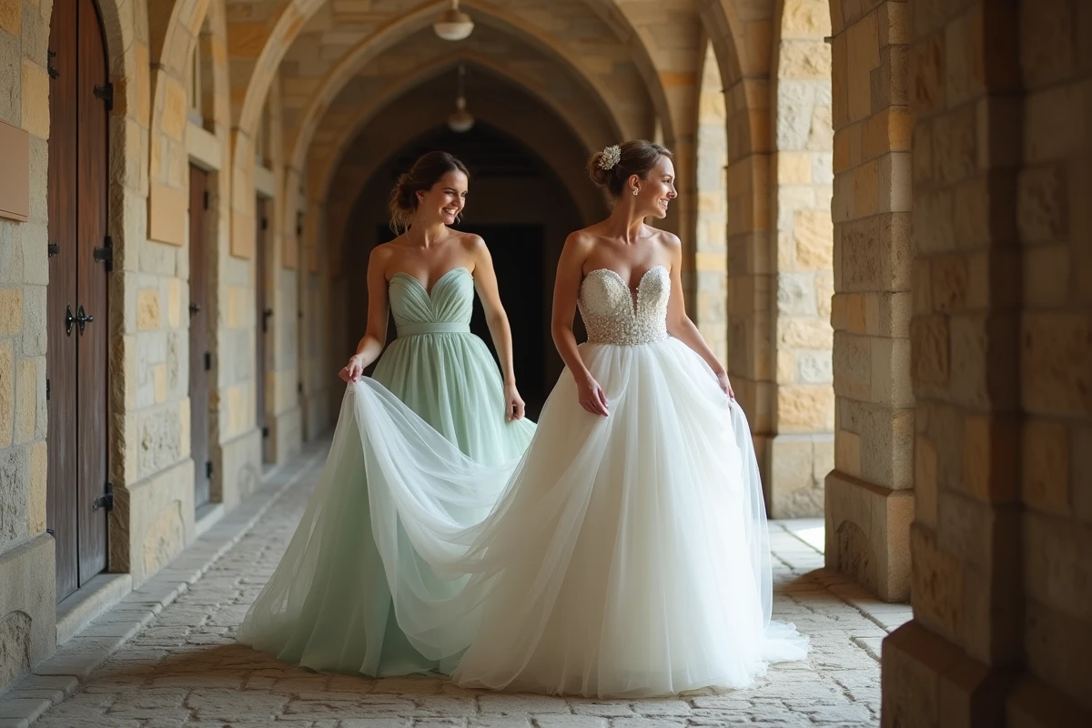 Mariée et demoiselle d'honneur gérant la traîne longue d'une robe princesse en marchant dans un couloir en pierre
