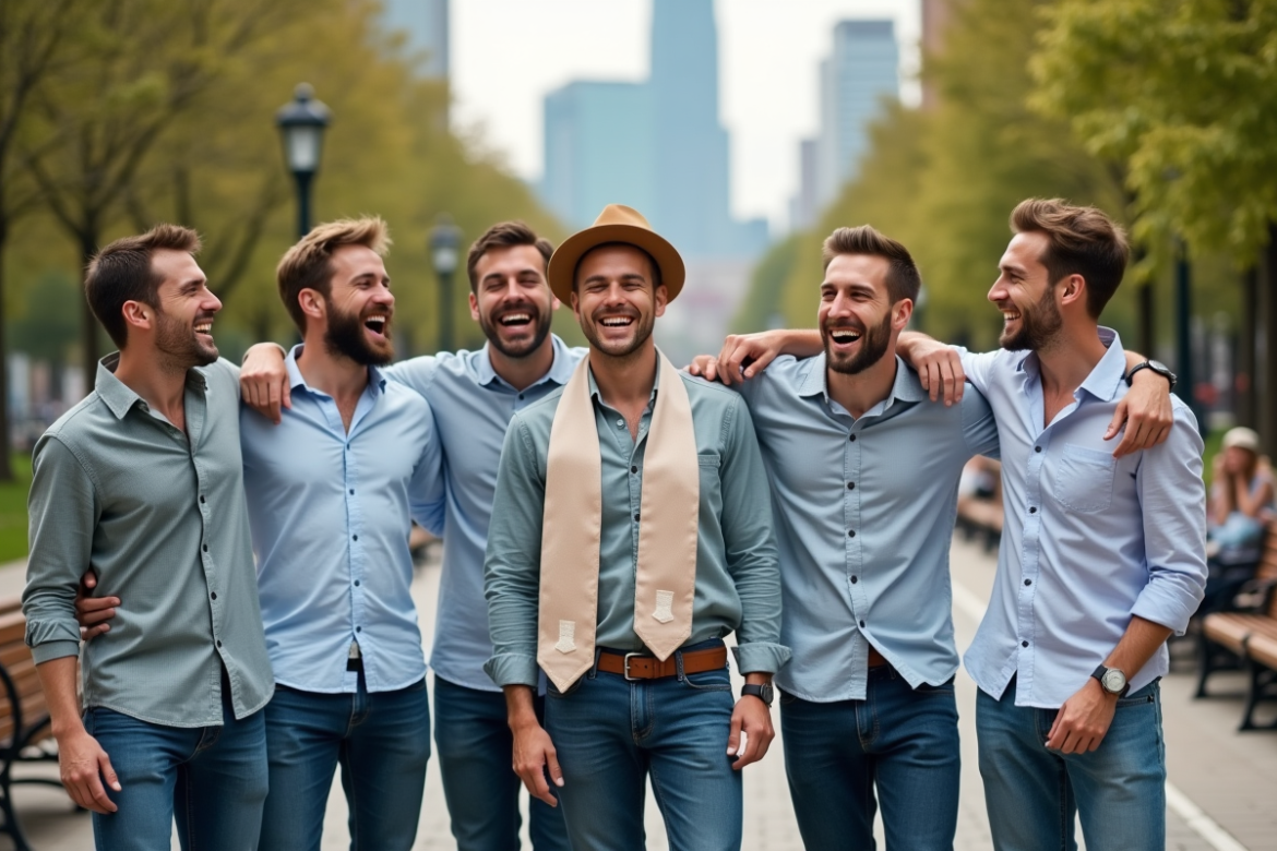 Groupe d'amis rieurs autour du futur marié dans un parc urbain